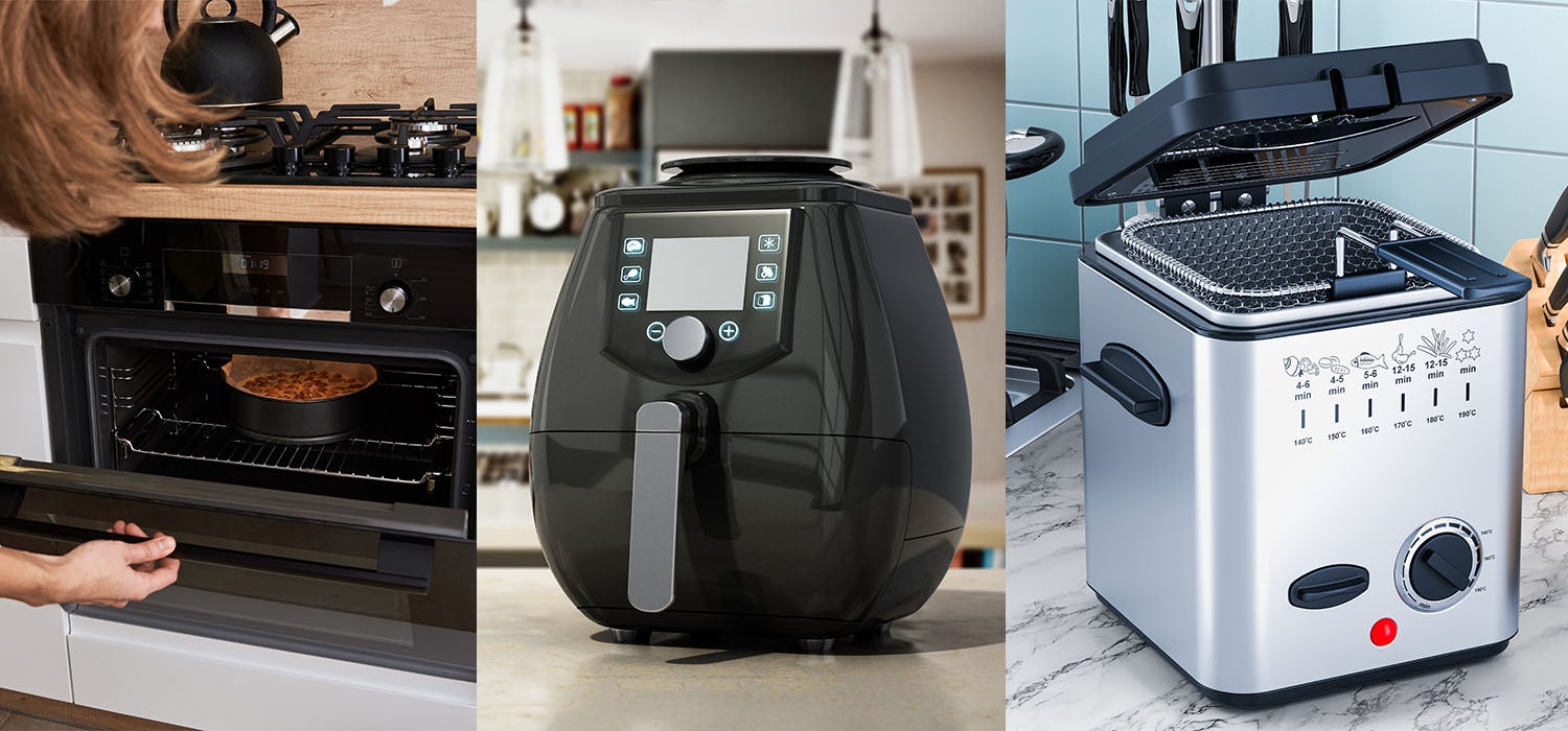 Eine Küche wo ein Backofen, eine Fritteuse und ein Airfryer zu sehen ist.]
