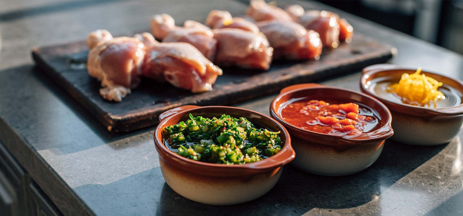 Drei Schalen mit Marinade für Chicken Wings