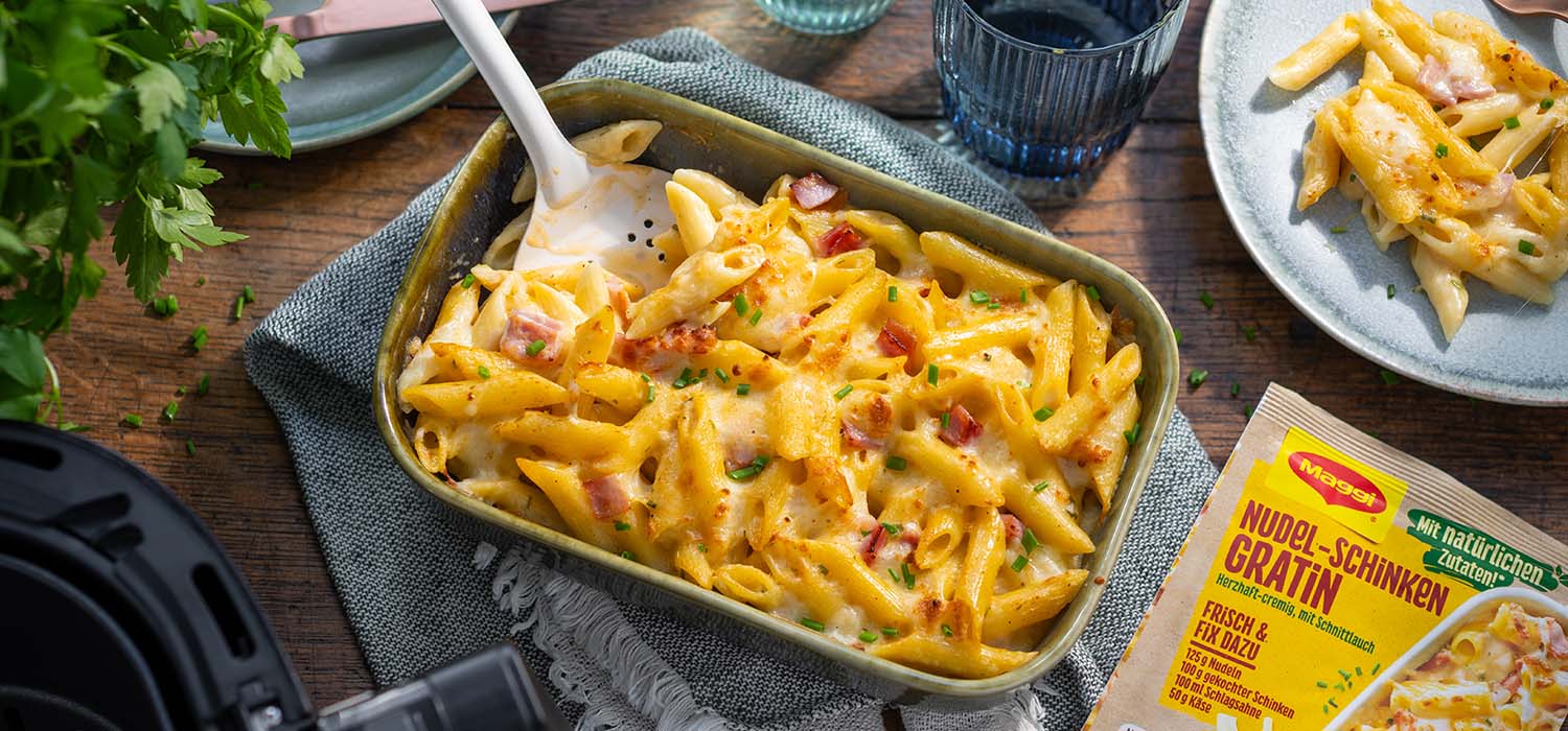 Ein Foto eines köstlichen Nudel Auflauf aus dem Airfryer