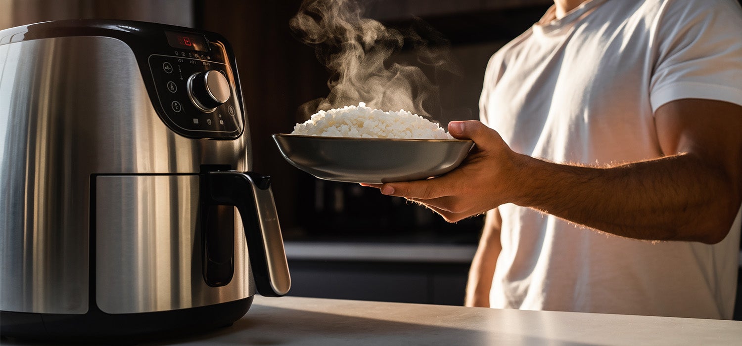 Reis in einer Schüssel in der Hand einer Person neben einem Airfryer