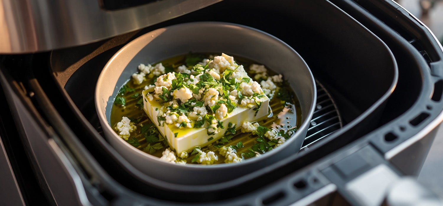 Feta mit Olivenöl als Sauce im Airfryer