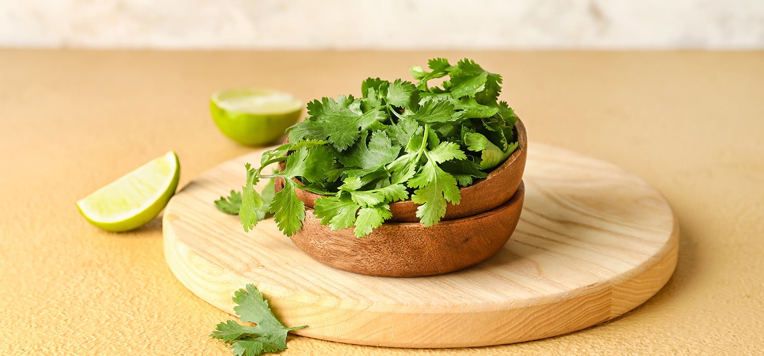 Frische grüne Korianderblätter liegen locker in einer kleinen Holzschale, die auf einem runden Holzschneidebrett platziert ist,