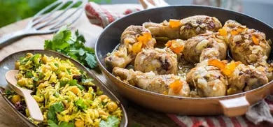 Würz-Hähnchen mit Reis, Kichererbsen und Korinthen Rezept