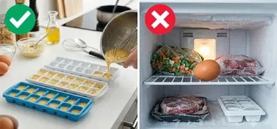 Vergleich zweier Szenen: links verrührte Eier in Eiswürfelformen, rechts ein ganzes Ei im Gefrierfach.