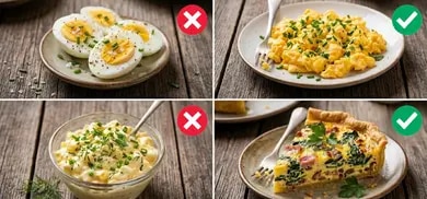 Vier Eiergerichte auf einer Holzoberfläche, Eier und Eiersalat mit rotem Kreuz sowie Rührei und Quiche mit grünem Haken.