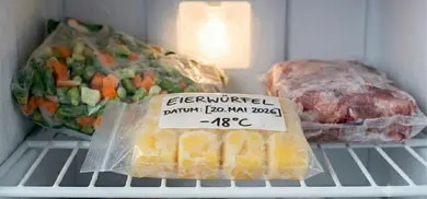 Beschrifteter Gefrierbeutel mit Eierwürfeln liegt im Gefrierfach neben gefrorenem Gemüse und Fleisch.