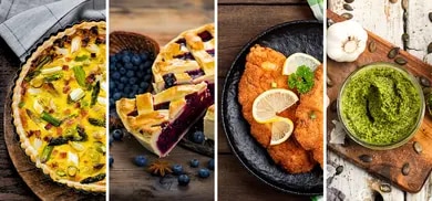 Vier Speisen nebeneinander: Gemüsequiche, aufgeschnittener Blaubeerkuchen, paniertes Schnitzel mit Zitrone und grüne Sauce.