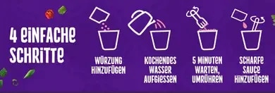 Lila Infografik mit vier Schritten, Becher-Icons und Text: Wuerzung hinzufuegen, kochendes Wasser, 5 Minuten warten, scharfe 