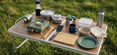 Klapptisch mit Gaskocher, Töpfen, Besteck, Schneidebrett, Gewürzen und Flaschen im Gras