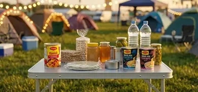 Klapptisch mit Konserven, wasserflaschen, brot und glaesern vor zelten auf campingplatz