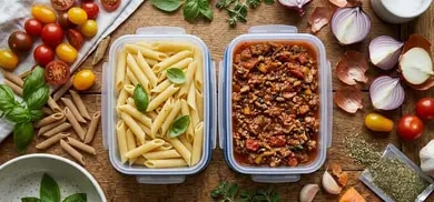 Zwei Behaelter mit Nudeln und Sauce auf Holztisch, umgeben von Tomaten, Zwiebeln und Kraeutern