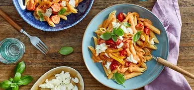 Penne mit Tomatensauce, Basilikum und Kaeseflocken auf Tellern auf Holztisch