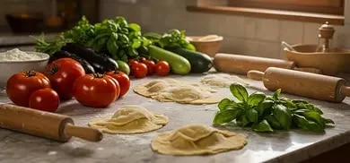 Ravioli auf bemehlter Arbeitsflaeche mit Tomaten, Basilikum, Zucchini, Aubergine und Nudelholz