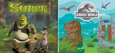 Geteilte Grafik mit Shrek und Esel links sowie gezeichneten Dinosauriern und Jurassic-World-Logo rechts