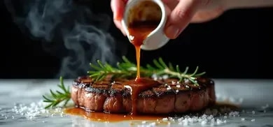 Sauce wird aus kleinem Gefäß über gebratenes Steak mit Rosmarin und grobem Salz gegossen