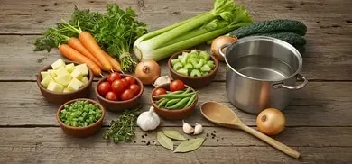 Karotten, Sellerie, Lauch, Kartoffeln, Zwiebeln, Knoblauch, Kraeuter und Topf auf Holztisch