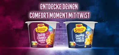 Maggi 5 Minuten Terrine Spicy Carbo Nara Style und Smoky Mac & Cheese vor blau-violettem Hintergrund