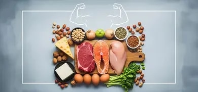 Rindfleisch, Lachs, Hähnchenbrust, Eier, Käse, Tofu, Nüsse und Samen auf Holzbrett