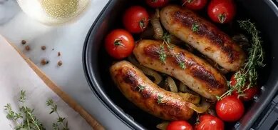 Drei Bratwürste mit Kirschtomaten und Thymian im Korb einer Heißluftfritteuse