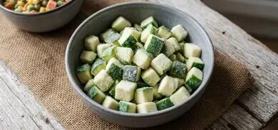 Gefrorene Zucchiniwürfel in grauer Schale auf Jutestoff und Holztisch