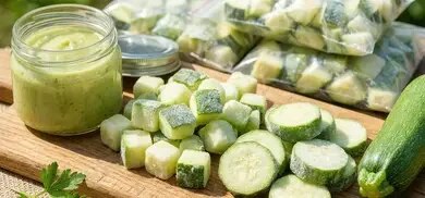 Gefrorene Zucchiniwürfel und Zucchinischeiben mit Zucchinipüree im Glas auf Holzbrett