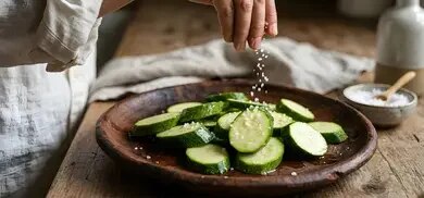 Zucchinischeiben auf Holzteller, von Hand mit grobem Salz bestreut