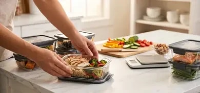 Person platziert Glasbox mit Hähnchen, Reis und Gemüse auf Küchentheke neben weiteren Meal-Prep-Boxen