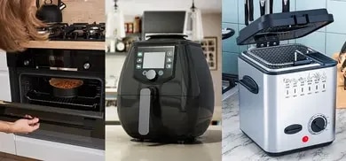 Eine Küche wo ein Backofen, eine Fritteuse und ein Airfryer zu sehen ist.]