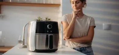 Ein Airfryer prominent platziert und eine Person die nachdenkt über einen Kauf daneben