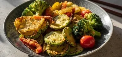 Ein ansprechend angerichteter Teller mit goldbraunem Airfryer-Gemüse, der Appetit macht