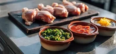 Drei Schalen mit Marinade für Chicken Wings