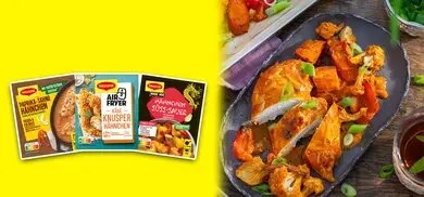 Mehrere Hähnchen-Produkte von Maggi auf einem Bild schön platziert