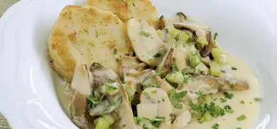 Gebratene Semmelknödel mit Pilz-Staudensellerie-Sauce
