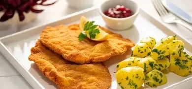 leckeres fertiges Schnitzel mit Preiselbeeren und Kartoffeln