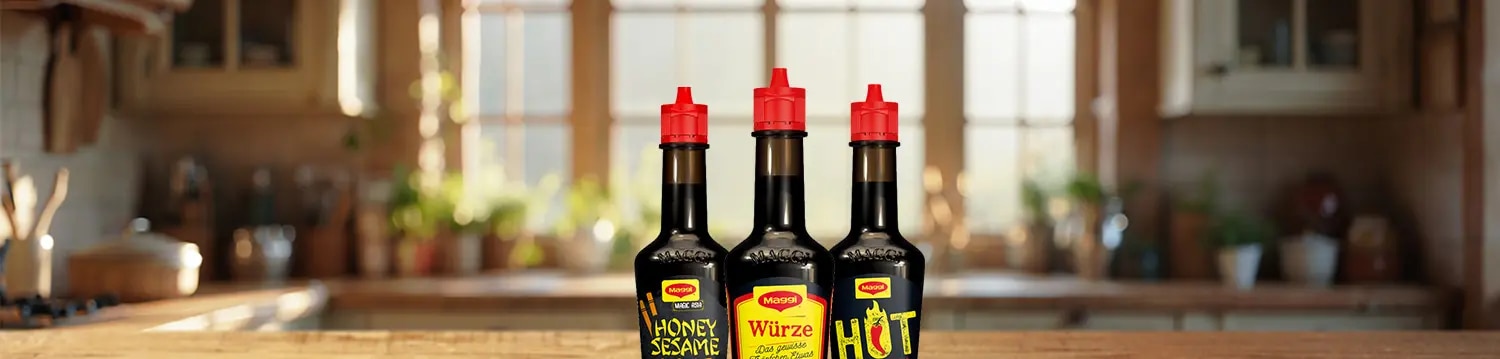 Drei Maggi Saucenflaschen auf Holztisch, Sorten Honey Sesame Style, Würze Das Original und Hot Chili, Küche im Hintergrund