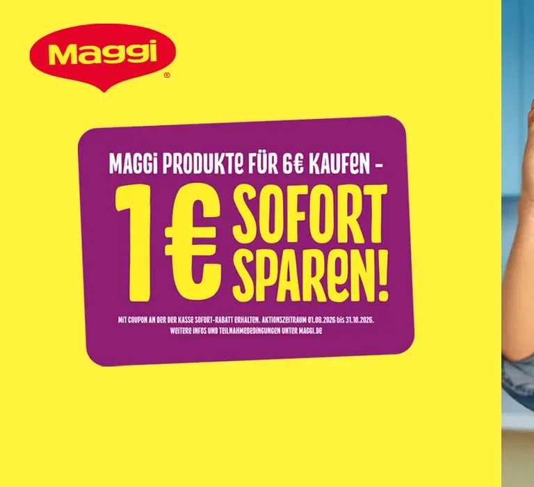 Maggi Lecker Retter Promotion mit Hinweis auf 1 Euro sparen und Person mit Gabel in Küche