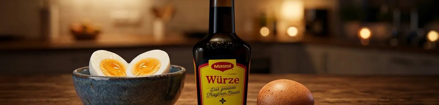 Maggi Würze Flasche, Schüssel mit halbierten gekochten Eiern und rohes Ei auf Holztisch in Küche
