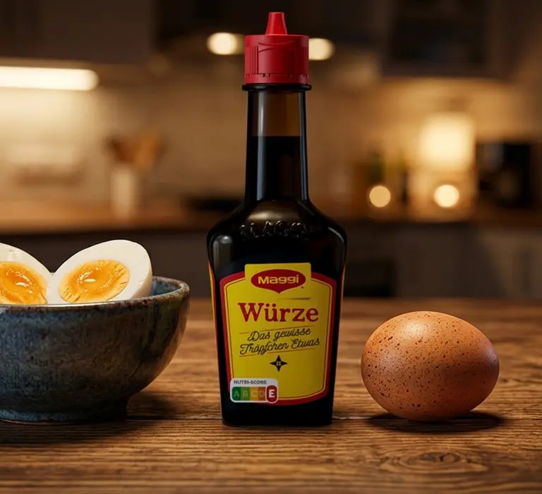 Maggi Würze Flasche, Schüssel mit halbierten gekochten Eiern und rohes Ei auf Holztisch in Küche
