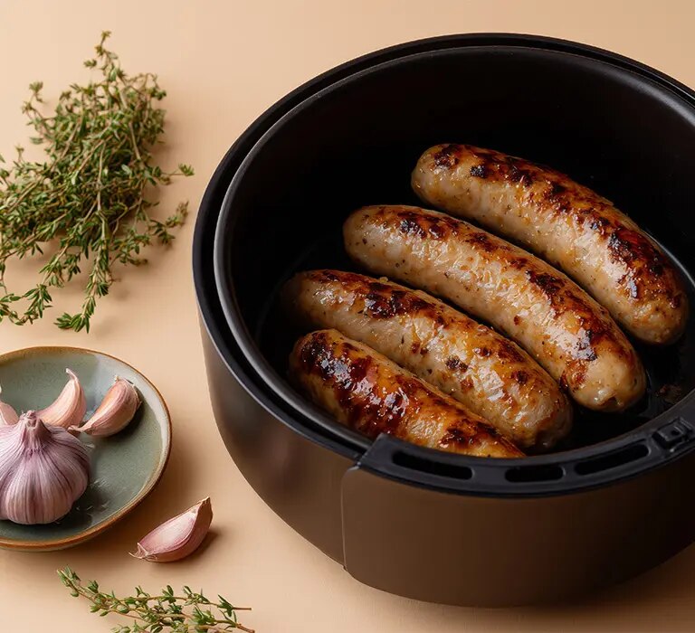 Vier gebräunte Bratwürste im Korb einer Heißluftfritteuse mit Knoblauch, Thymian und Bierglas