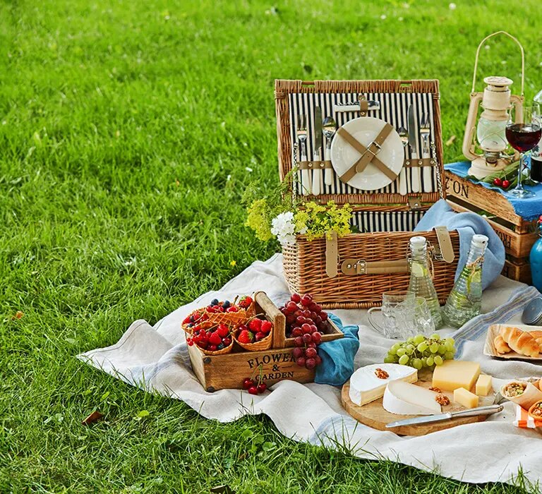 Picknickdecke mit Picknickkorb, Käse, Brot, Obst und Getränken auf grüner Wiese