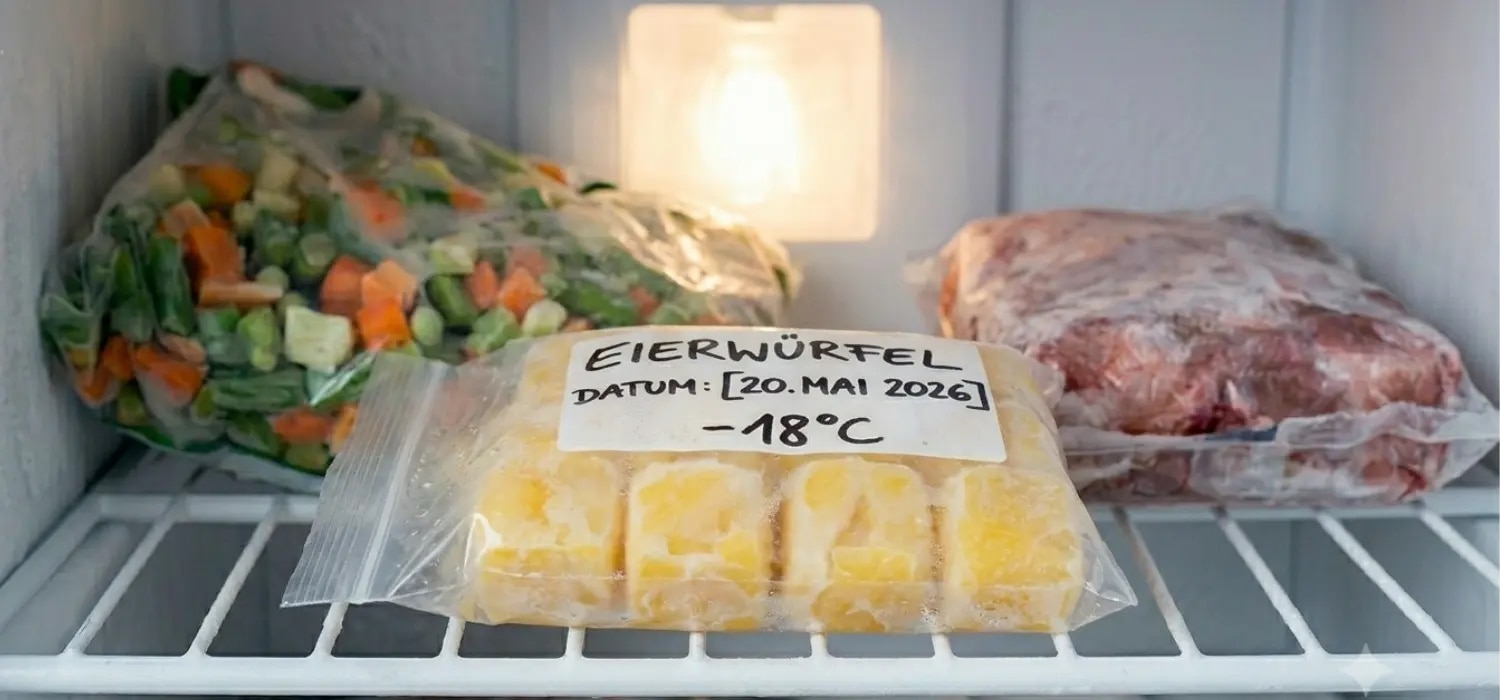 Beschrifteter Gefrierbeutel mit Eierwürfeln liegt im Gefrierfach neben gefrorenem Gemüse und Fleisch.