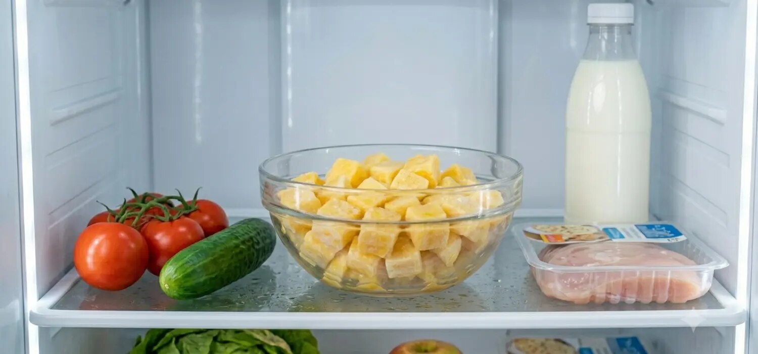 Glasschüssel mit Eierwürfeln im Kühlschrank, daneben Tomaten, Gurke, Milchflasche und verpacktes Fleisch.