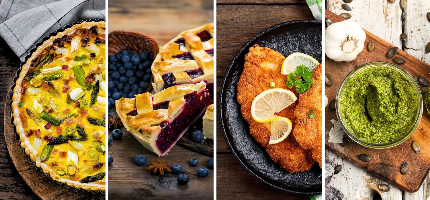 Vier Speisen nebeneinander: Gemüsequiche, aufgeschnittener Blaubeerkuchen, paniertes Schnitzel mit Zitrone und grüne Sauce.