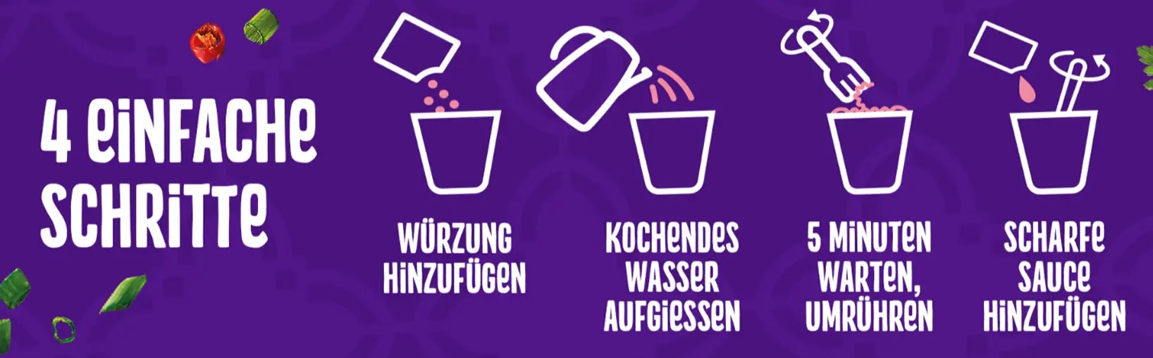 Lila Infografik mit vier Schritten, Becher-Icons und Text: Wuerzung hinzufuegen, kochendes Wasser, 5 Minuten warten, scharfe 