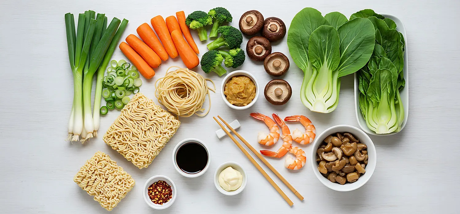 Nudeln, Garnelen, Pak Choi, Karotten, Brokkoli, Pilze, Fruehlingszwiebeln, Saucen und Staebchen auf heller Flaeche