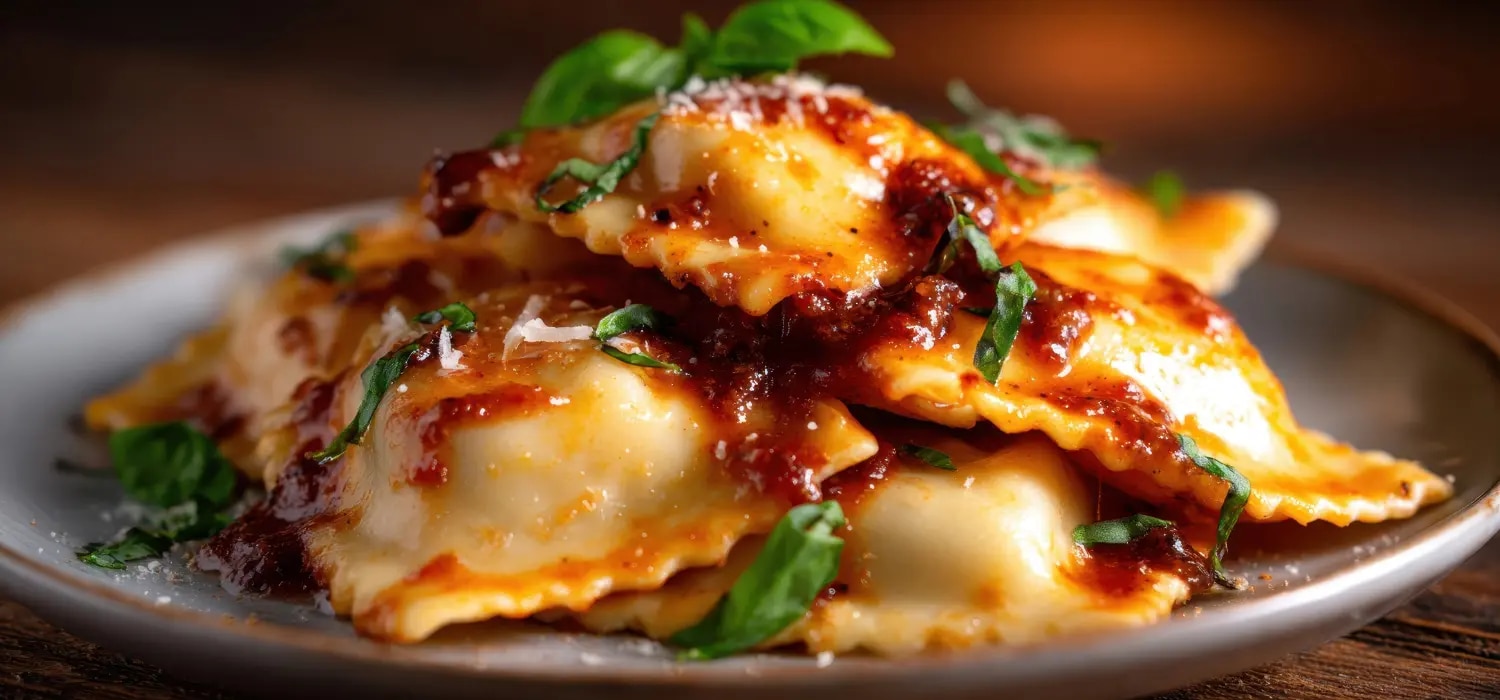 Dosenravioli verfeinert mit Basilikum und geriebenem Käse auf einem grauen Teller.