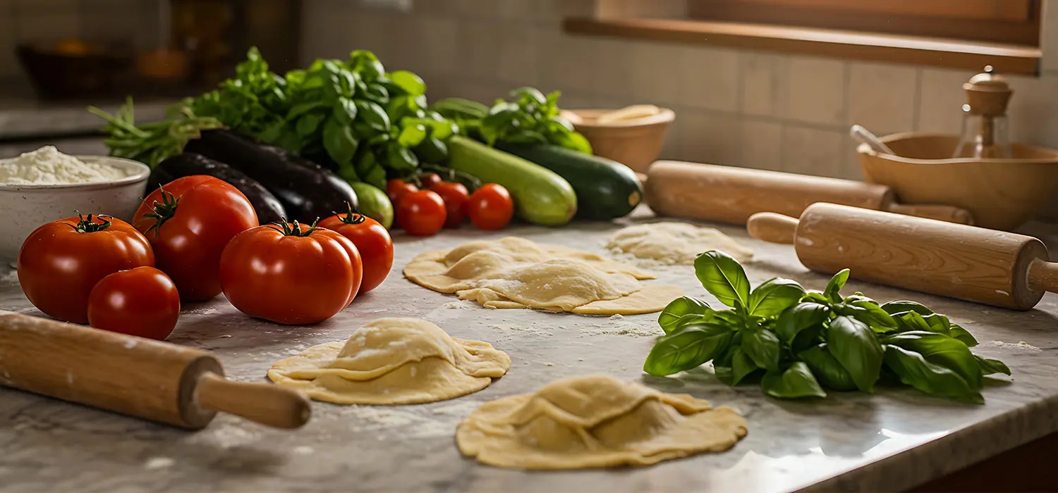 Ravioli auf bemehlter Arbeitsflaeche mit Tomaten, Basilikum, Zucchini, Aubergine und Nudelholz
