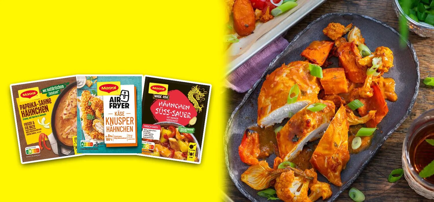 Mehrere Hähnchen-Produkte von Maggi auf einem Bild schön platziert