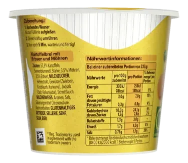 MAGGI 5 Minuten Terrine Kartoffelbrei mit Erbsen und Möhren