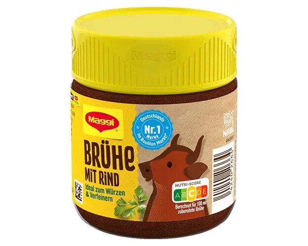 Maggi Brühe mit Rind im Glas mit gelbem Deckel und Kuhillustration auf dem Etikett